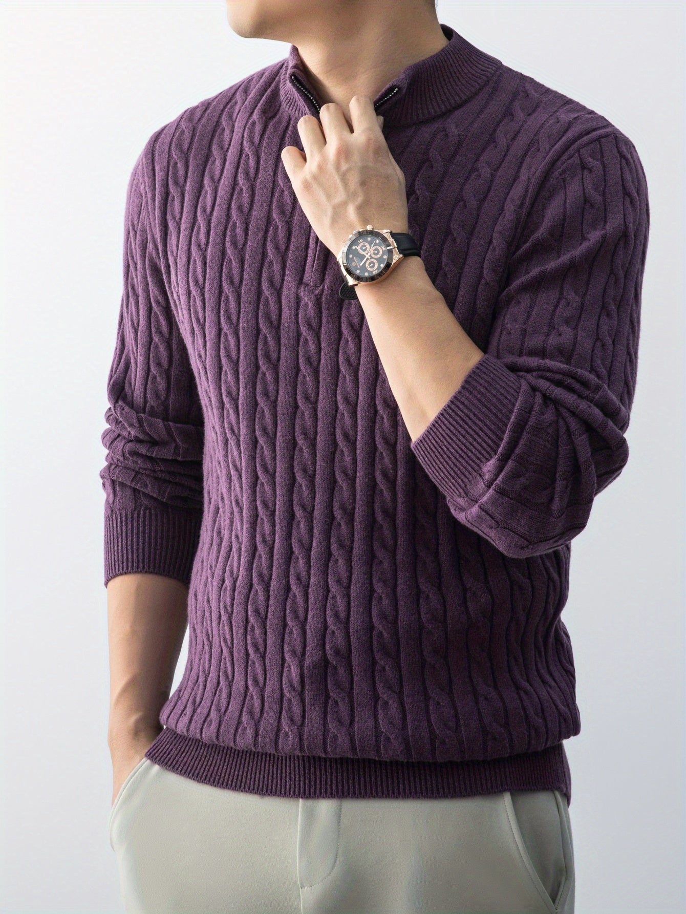 New Men'S Christmas Gift: a Thick, Warm, And Cold-Resistant Knitted Sweater with a Cable-Knit Design And a Zippered Collar, Suitable for Both Layering And Wearing Alone, Perfect for Casual And Versatile Outfits