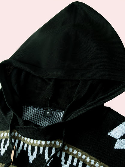 Տղամարդու գլխարկով սվիտեր աշնանային և ձմեռային համար, երկրաչափական տրիկոտաժե նախշերով, փողոցային ոճով և հարմարավետ տրիկոտաժե սվիտերով