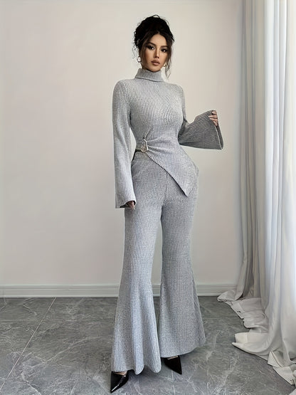 Women'S Autumn-Winter Fleece-Lined High Neck Asymmetrical Hem Long Sleeve Pants Suit | Elegant Solid Color Design.