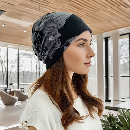 Boho-Chic Floral Print Beanie for Women - Stretchy, Lightweight & Warm Knit Cap for Autumn/Winter Outdoor Activities, Brimless, Bohemian Style