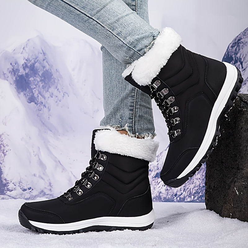 Women's Winter Boots with Fau - High-Top Snow Boots with Buckle Strap & Spiked Traction, Round Toe Synthetic /Nylon-like, Plush & Rubber Sole for Ice Walking, Snowshoe Boots (Black), Winter Boots For Women, Snow Boots Women,