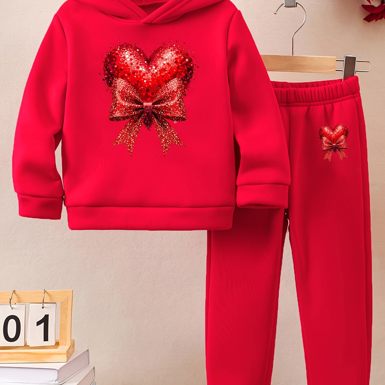 Girls' Autumn and Winter Thickened Hoodie Sports Two-Piece Set, Red Heart Bow Print Hoodie + Pants Outfit, Soft Light Beige-Friendly Fabric, Comfortable Warm Non-Shedding, Suitable for Outdoor Play, School, Holiday Gatherings
