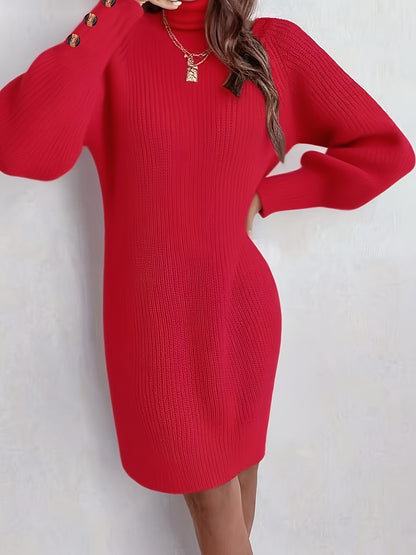 Women's Dark Green (Navy/Turquoise-Free) Sweater Dress - High Neck Collar & Single-Breasted Button Front, A-Line Silhouette Long Sleeve Coat Dress for Winter,, Office, Semi-Formal Wear (Hand Washable)