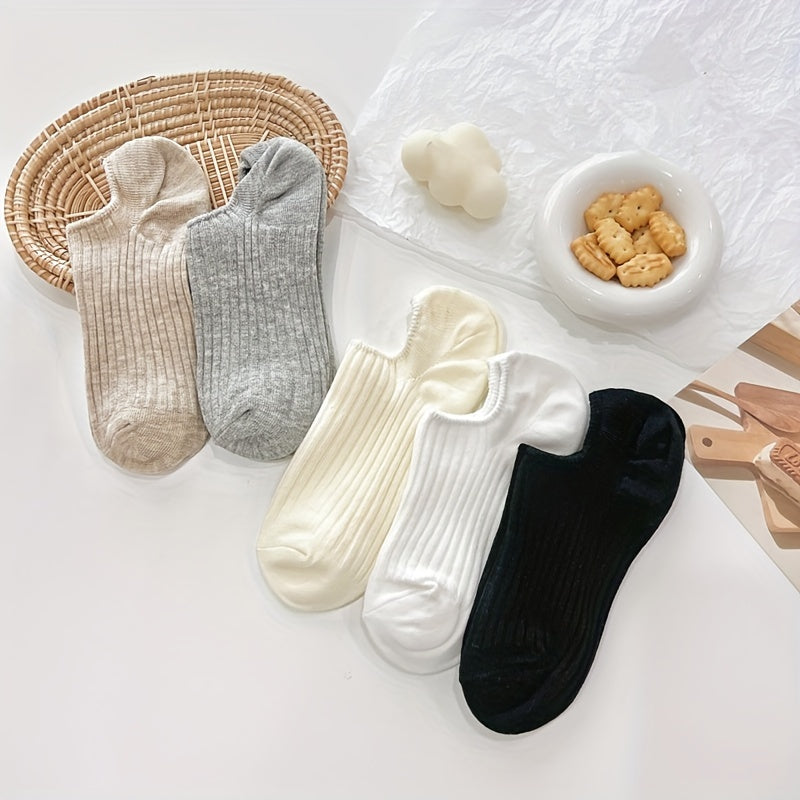 5 Pairs Solid Invisible Socks, Simple Non-slip Low Cut Boat Socks, Women's Stockings & Hosiery
