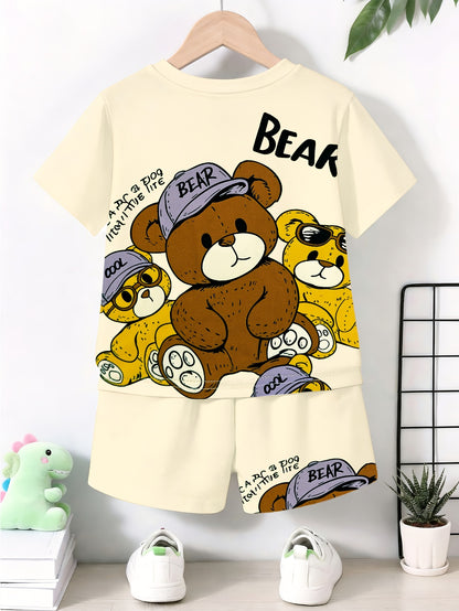 Boys' Cute Cartoon Teddy Bear Print Shorts and Pullover Set