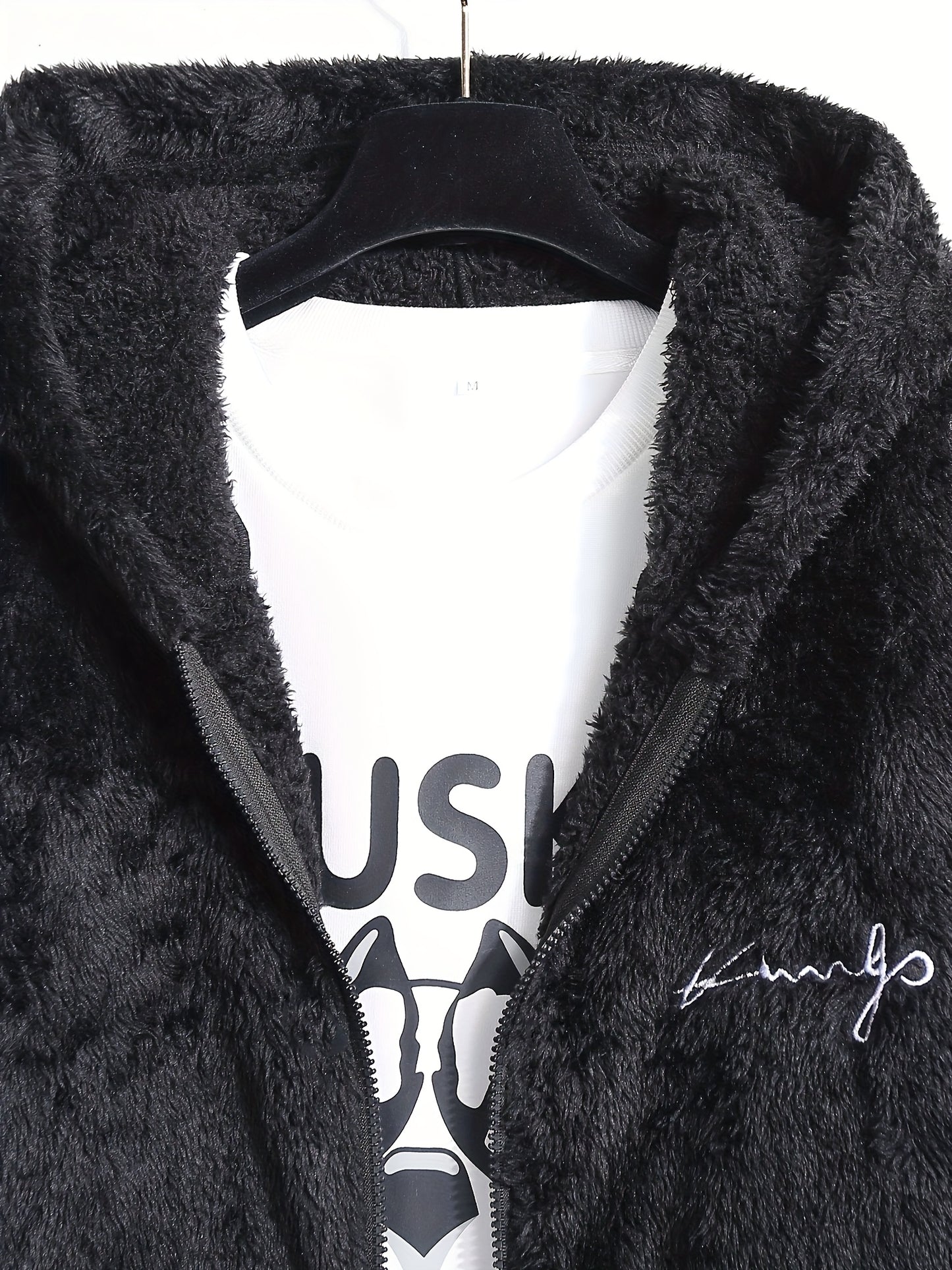 Casual Style] Men's "RELAX" Fleece Hoodie Jacket - Casual Dual-Sided Brown Teddy Coat with Zipper Closure, Long Sleeves for Fall/Winter, Casual Outerwear|Stylish Casualwear|Crafted Embroidery