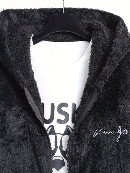 Casual Style] Men's "RELAX" Fleece Hoodie Jacket - Casual Dual-Sided Brown Teddy Coat with Zipper Closure, Long Sleeves for Fall/Winter, Casual Outerwear|Stylish Casualwear|Crafted Embroidery