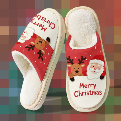 Santa Claus & Reindeer "Merry Christmas" Women's & Men's Home Slippers, Christmas Gift, Couple's Indoor Slippers, Super Comfortable Printed Slippers for Autumn & Winter,  Cozy Homewear, Christmas Design, Festive Print, Comfor