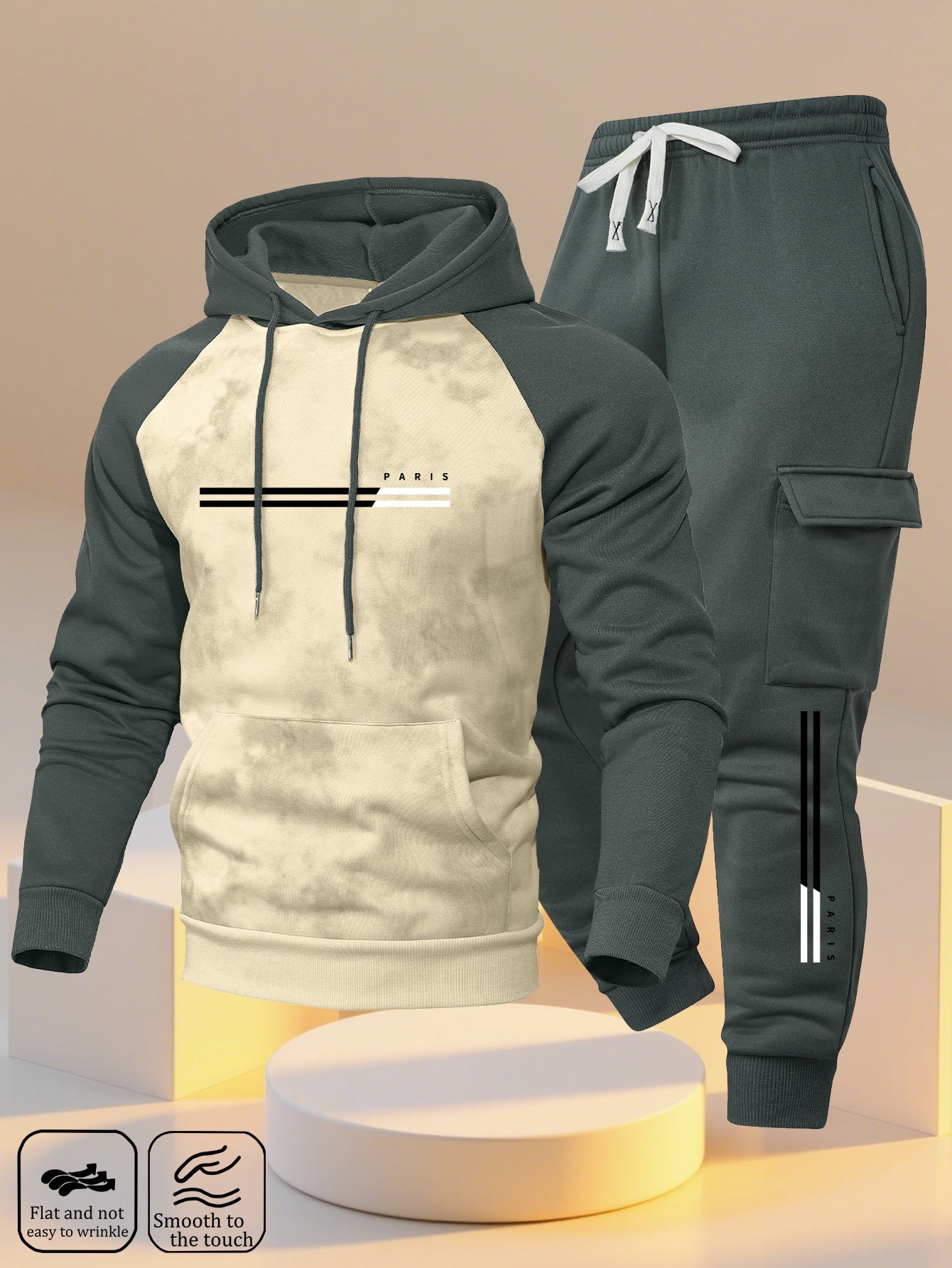 A New Trendy Color-Blocked Hoodie with Raglan Sleeves And Loose-Fitting Cargo Pants Featuring Multiple Pockets, Perfect for Casual Everyday Wear. This Breathable Hoodie And Loose Long Pants Set Comes in a Two-Piece Print Desi