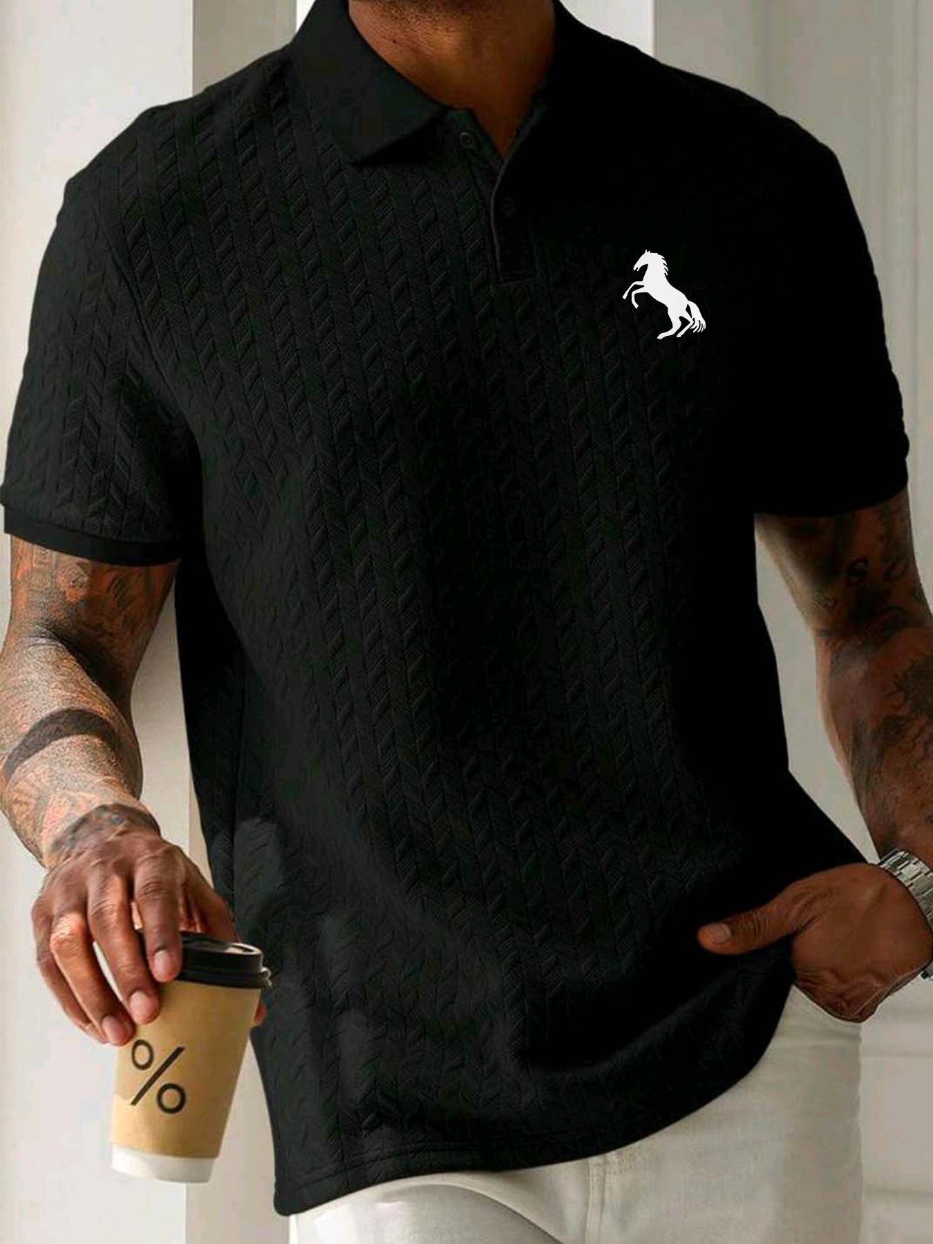 Men'S Casual Short Sleeve Knit Polo Shirt, Polyester Blend with Slight Stretch, Summer Fashion Pullover with Button Details and Print Horse Emblem