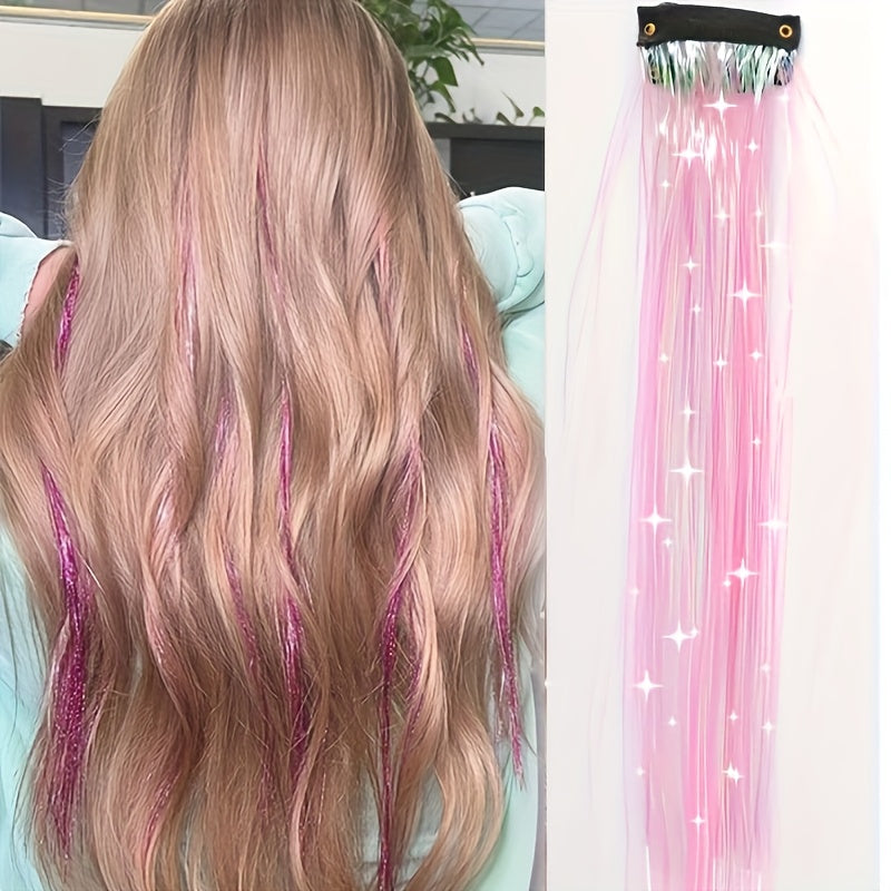 60.96cm Glitter Hair Tinsel Extensions Clips - Heat-Resistant Shiny Fairy Hair Accessories for Women, Vibrant Multicolor Strands, Perfect for Christmas Gifts & All Ages, Festive Hairpiece, Festive Hairpiece | Vibrant Hairpiec