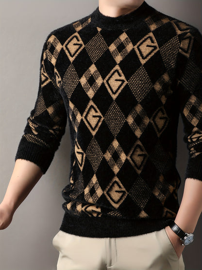 Maqiqi OBM Men's New Autumn/Winter Knit Pullover, Plaid Pattern Men's Sweater with Letter Decoration, Faux Mink Fur Round Neck Long Sleeve Men's Top, Soft and Comfortable Fabric, Suitable for Casual Outings, Men's Gift