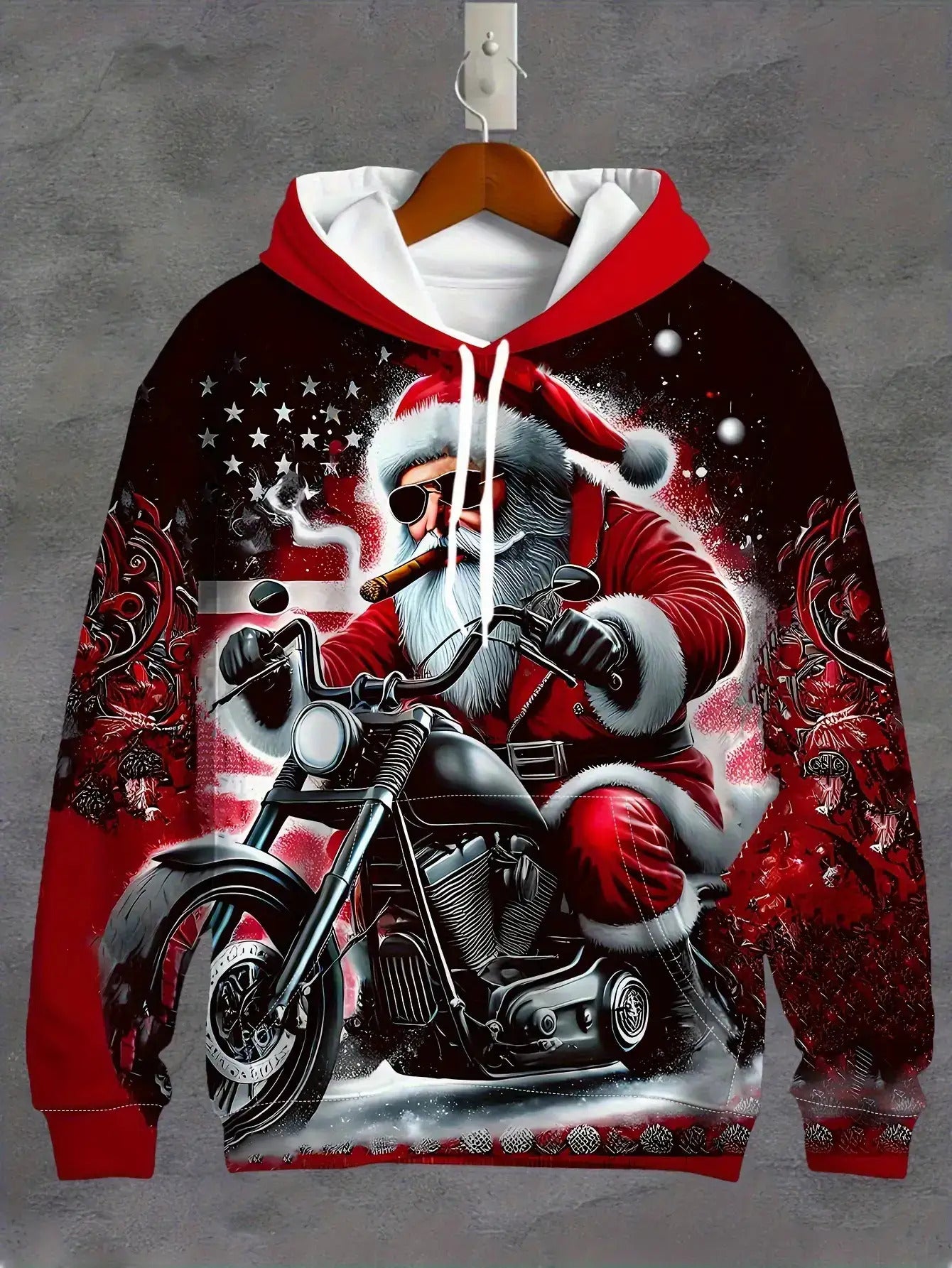 Men'S Christmas Hoodie with Santa Claus Riding Motorcycle & Reindeer Print - Warm Winter Pullover with Kangaroo Pocket, Machine Washable, Regular Fit Casual Long Sleeve Hoodie for Holiday Parties, Home Loungewear & Casual Att