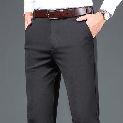 1pc Men'S Warmth Business Casual Pants, Fall/Winter Fleece-Lined Thickened Straight-Leg Trousers with Slant Pockets, Solid Color Knit Fabric Regular Fit Dress Pants with Zipper Closure, Medium Stretch Polyester