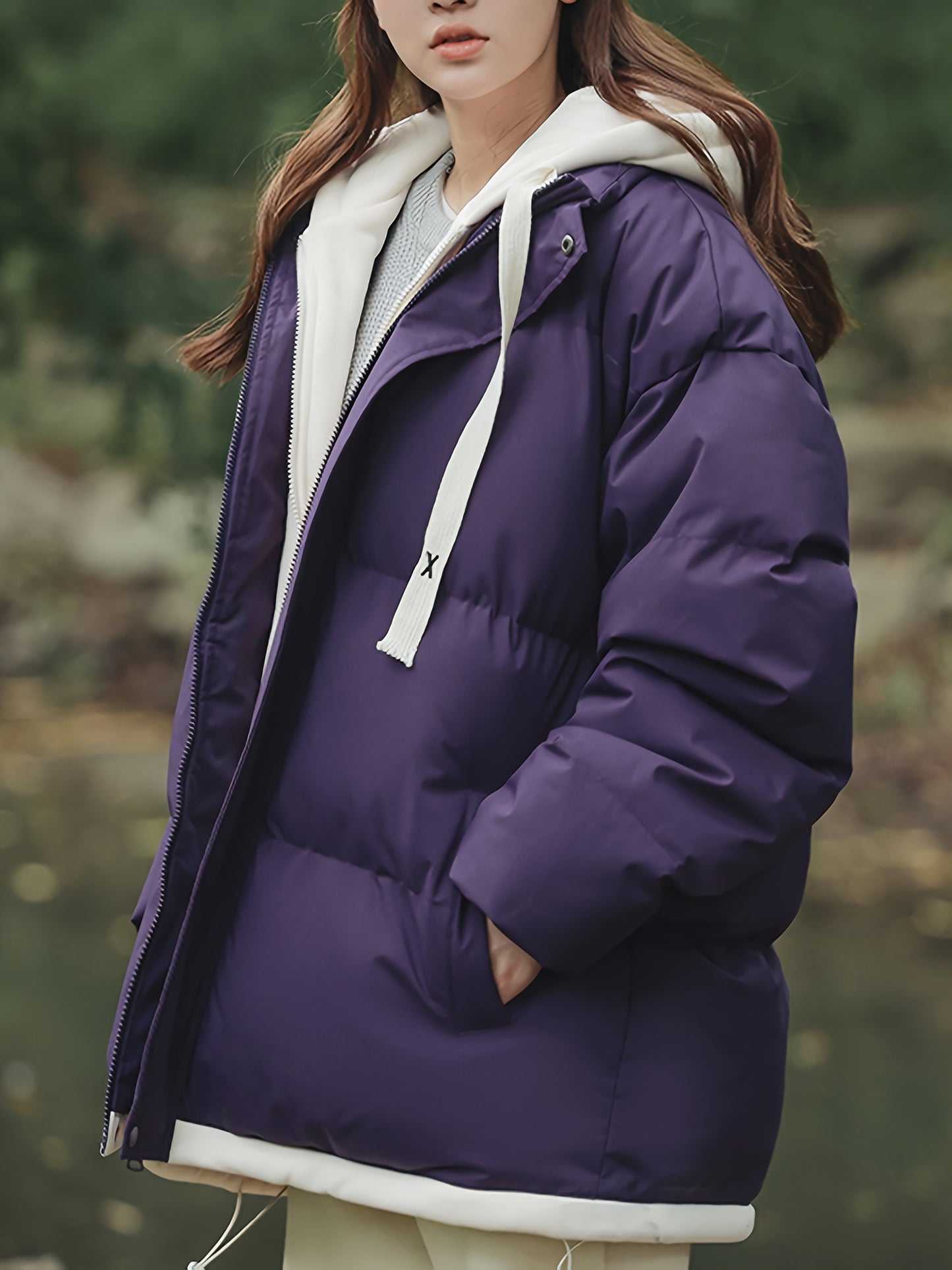 Կանացի բաց կապույտ, գլխարկով փքված բաճկոն - հարմարավետ, բրդյա ծածկույթով ձմեռային վերարկու՝ լարերով, առօրյա ոճ՝ ցուրտ եղանակի համար, ձմեռային վերարկու