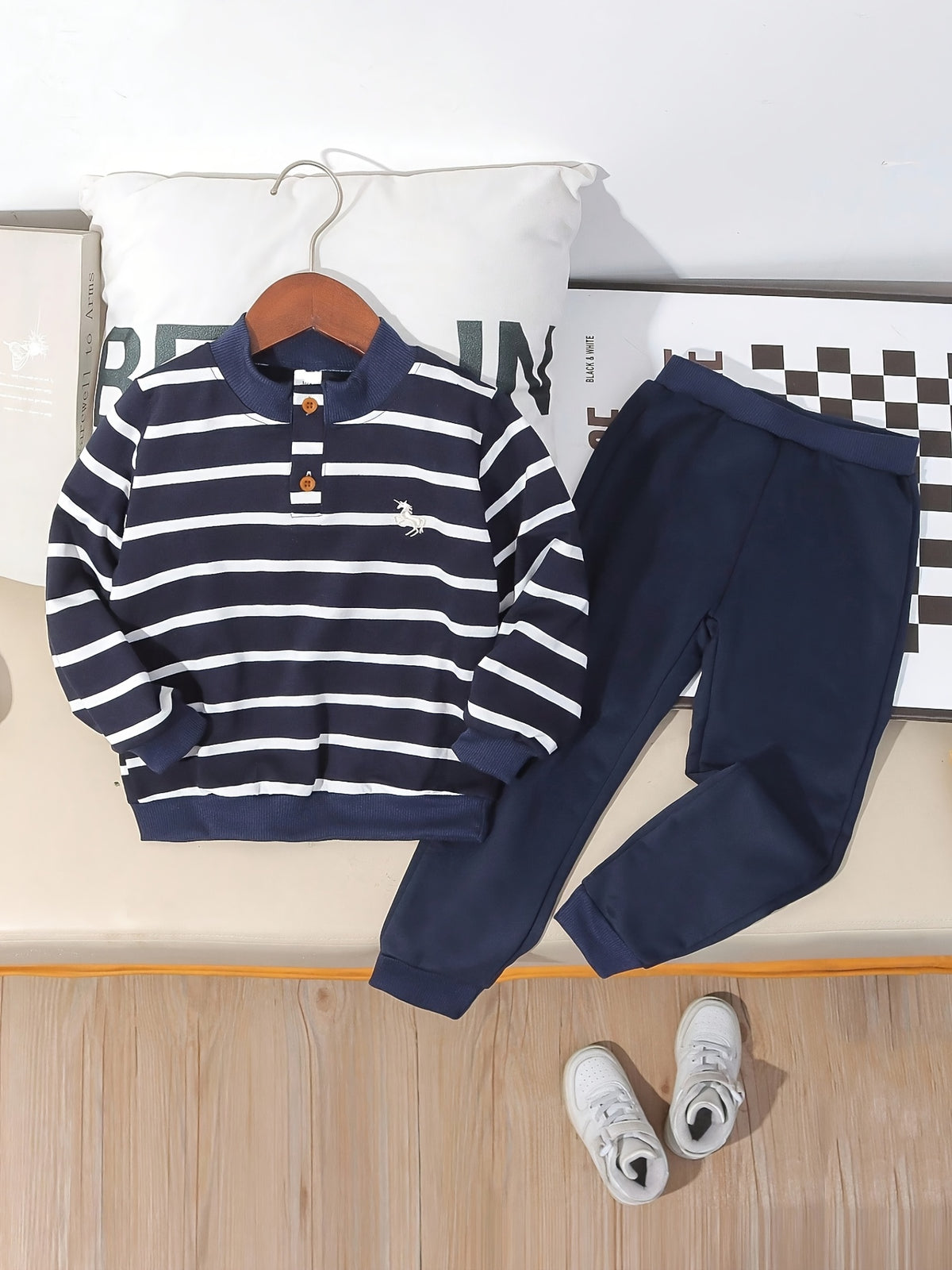 Boys Casual Blue White Striped Long-Sleeve Sweatshirt & Pants Set - ayq