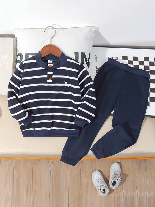 Boys Casual Blue White Striped Long-Sleeve Sweatshirt & Pants Set - ayq