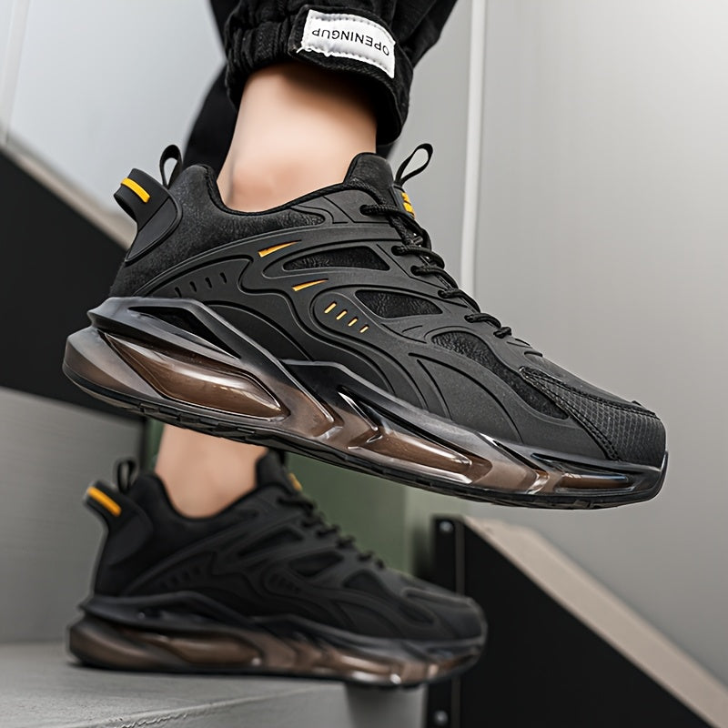 Men's Casual Sneakers - Breathable Low-Top Lace-Up Design, Durable PU Upper  Cushioned PVC Sole for All-Season Comfort - Black with Yellow Accents - Ideal for Running, Hiking, Daily Wear, Hiking Footwear, Stylish Contrast Ac