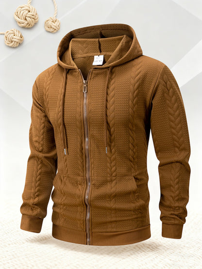 Men's Autumn Winter Hooded Textured Fleece Jacket with Zipper