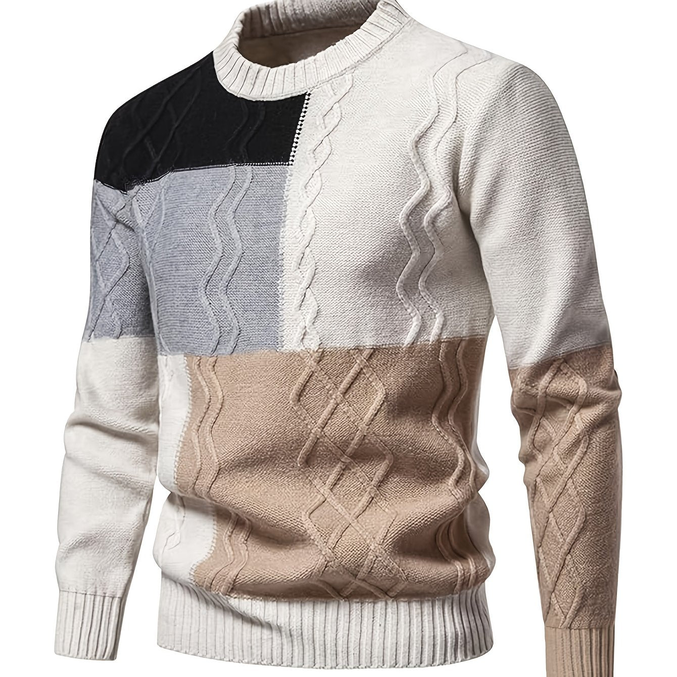 Men'S Fashion Long Sleeve Crew Neck Sweater | Casual Patchwork Knit Pullover, Warm Winter Top for Men, Suitable for Daily & Weekend Casual Wear
