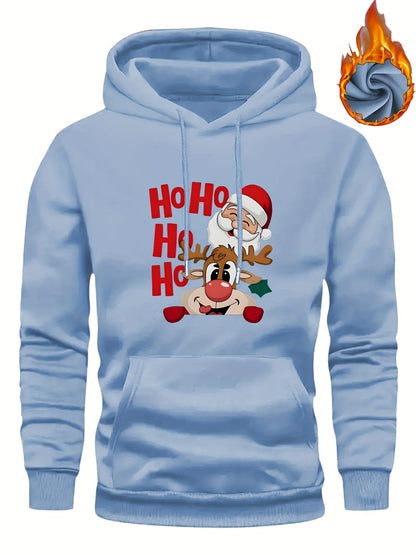 Men's Christmas Hooded Sweatshirt with Rudolph & Santa Print - Thickened Winter Pullover Hoodie, Warm Long Sleeve Casual Sweater for Skiing, Parties, Team Events - Machine Washable (Couple Matching, Unisex Style)