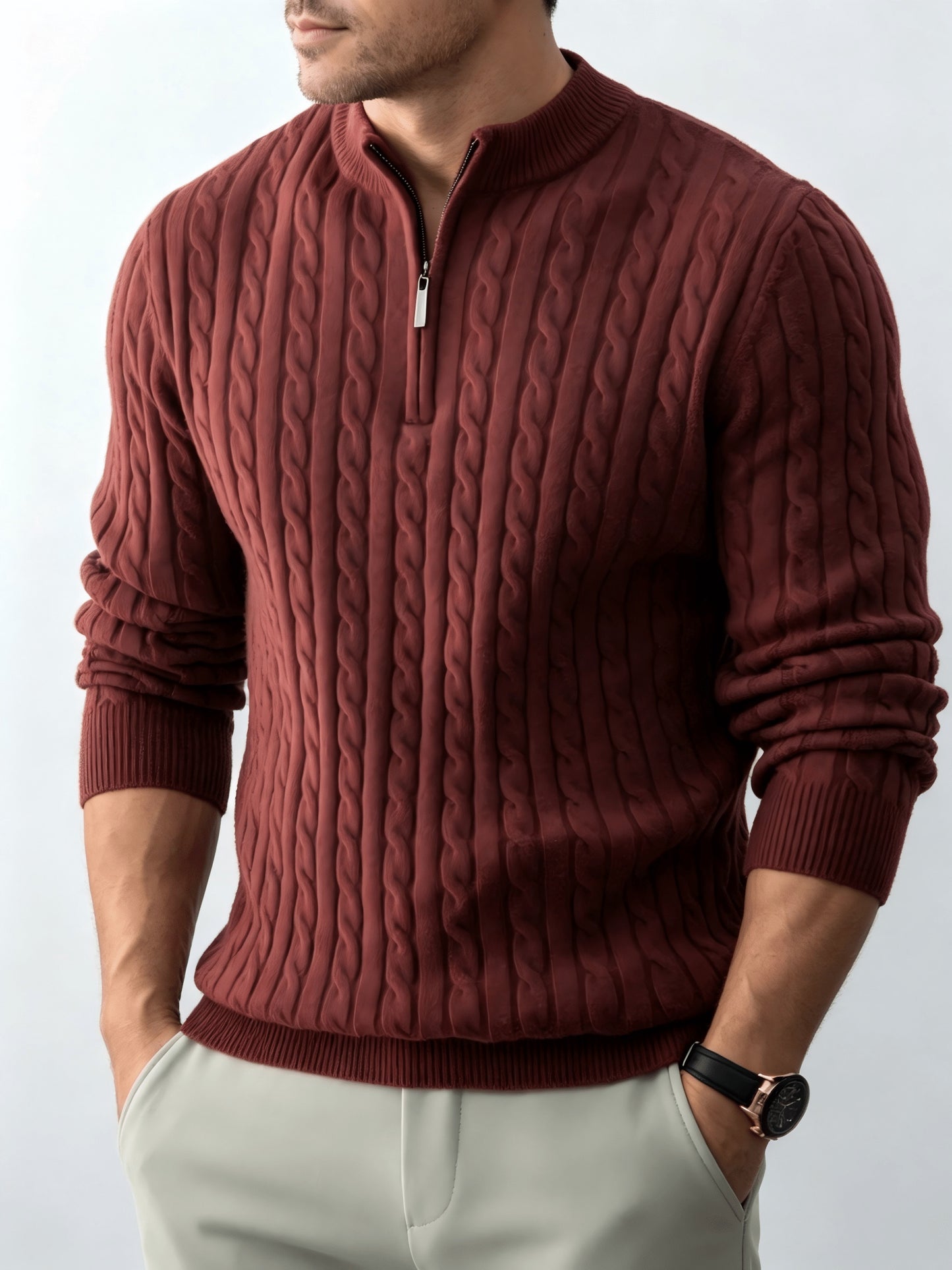 Men's Spring/Fall Half-Zip Stand Collar Cable Knit Sweater