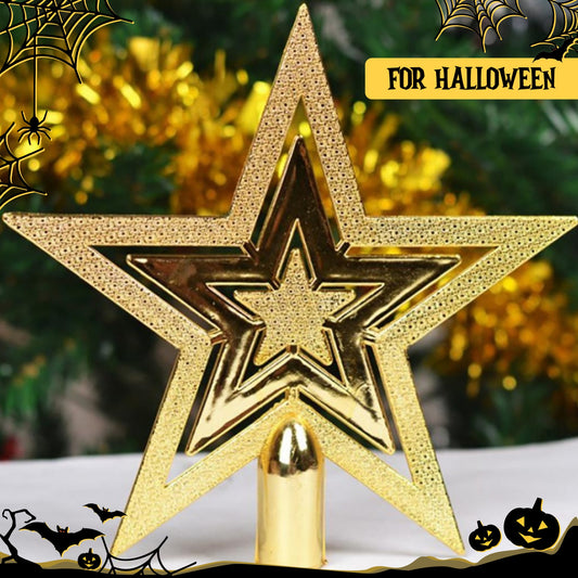 Glittering Golden Star Tree Topper - Elegant Shiny Plastic 5-Pointed Star with Sharp Tip & Stable Base, No-Electricity Christmas & Halloween Decoration for Xmas Tree, New Year's, Wedding, Birthday Party Decor - Durable Indoor
