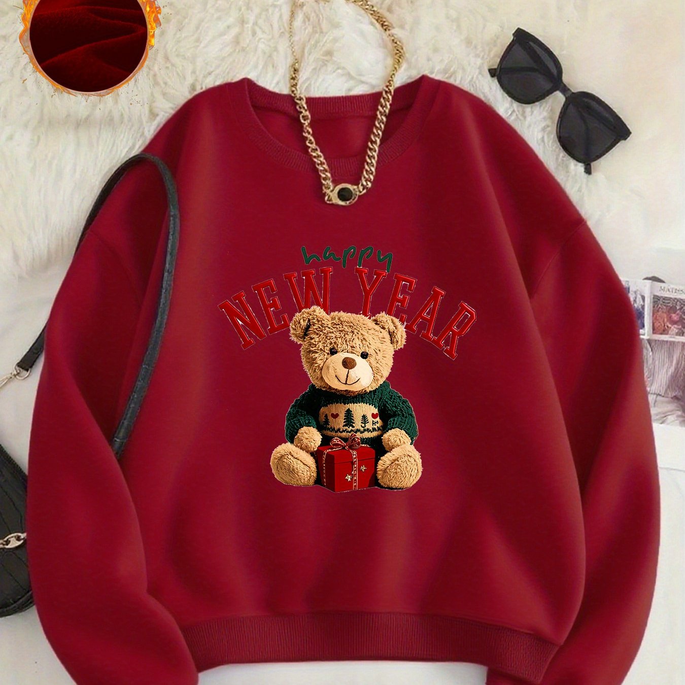 -Lined Women's Crewneck Pullover, Casual Printed Versatile Sweatshirt, Multiple Colors Available