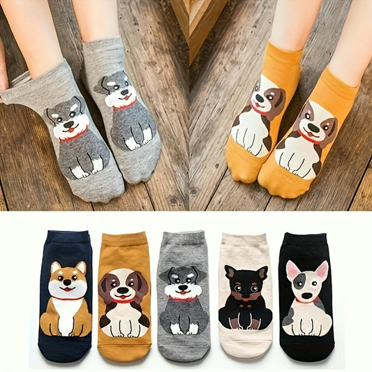 5 զույգ գեղեցիկ մուլտֆիլմ Dog &amp; Cat Crew գուլպաներ կանանց համար, պոլիեսթեր և սպանդեքս խառնուրդ, տրիկոտաժե գործվածք, սովորական անիմե ոճ, չսահող կարճ գուլպաներ, մեքենայով լվացվող