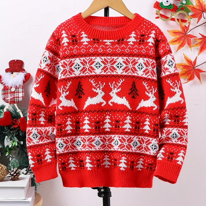 1pc Men'S Christmas Sweater, Festive Holiday Knit Pullover with Reindeer & Tree Pattern, Warm Long Sleeve Round Neck Top for Autumn/Winter, Casual Everyday Wear