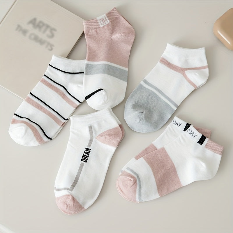 5 Pairs of Women's Summer Short Socks, Striped Breathable Color-Mixing Boat Socks, Pink Fresh Women's Socks