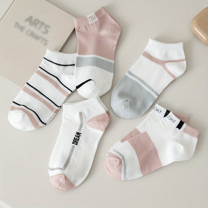 5 Pairs of Women's Summer Short Socks, Striped Breathable Color-Mixing Boat Socks, Pink Fresh Women's Socks