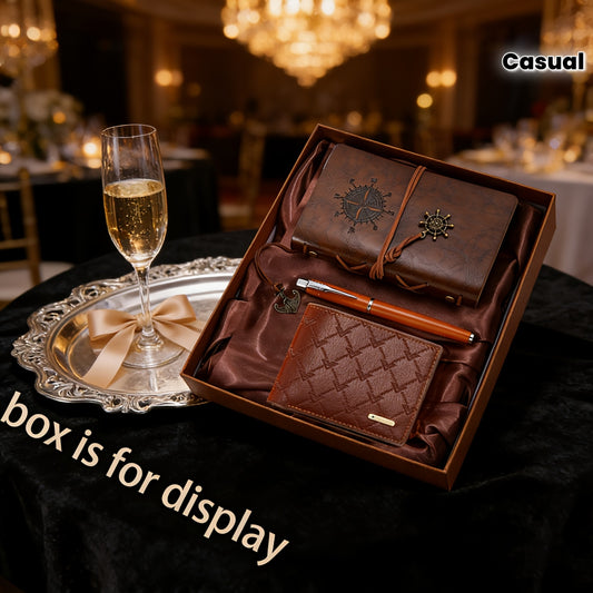 3pcs Wallet Set | Notebook + Bi-fold Wallet + Signature Pen | Casual Faux Leather, Light Brown Stripes | Ideal for Daily Use, Gifts for Men/Fathers on Valentine's, Christmas, Spring Festival