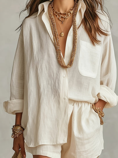 Elegant Women’s Casual Shirt and Shorts Set for Spring/Summer