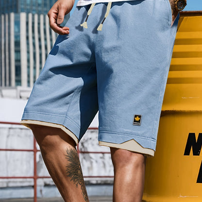 Men's Solid Shorts With Pockets, Casual Elastic Waist Fake Two-piece Drawstring Shorts For Summer