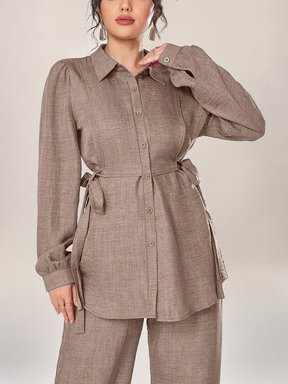 Women's Two-Piece Set with Front Buckle Long Sleeve Casual Top and Trousers