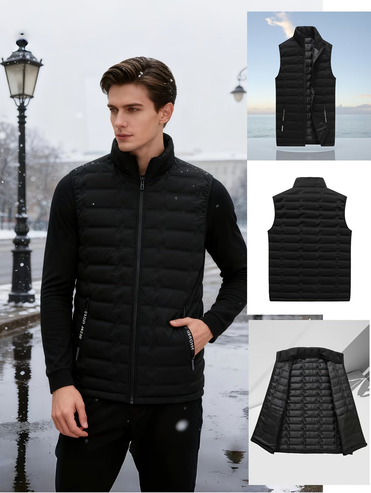 Men's Outdoor Sports Warm Vest Jacket, Stand Collar Multi-Pocket Practical Vest, Soundwave Technology Composite Print Windproof High Quality Sports Jacket - ayq