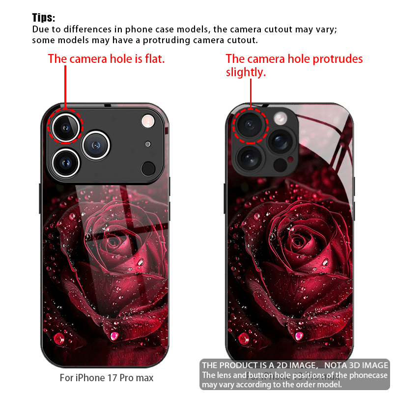Tempered Glass Phone Case with Crimson Water Droplet Rose Design for i