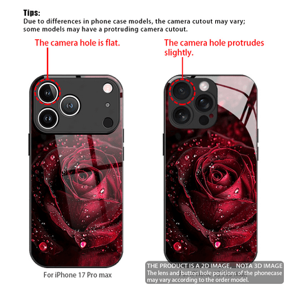 Tempered Glass Phone Case with Crimson Water Droplet Rose Design for i