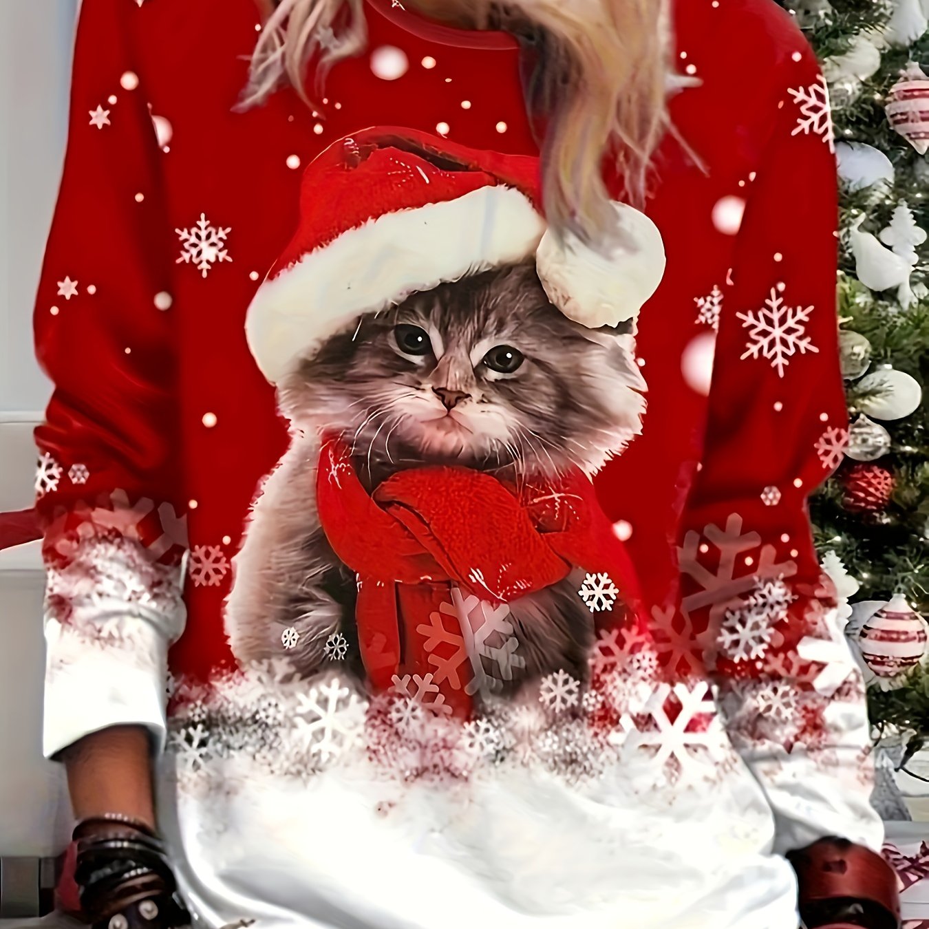 Women's Elegant Christmas Cat & Snowflake Print Long Sleeve T-Shirt Top - Red & White Cozy Sweater-like Design, Round Neck, Medium Stretch, Machine Washable Winter Holiday Party Outfit (No-Sleeve Style) - Autumn/Winter Fashio