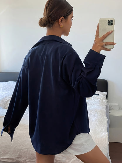 Elegant Women's Classic Collar Button-Up Shirt – All-Season Polyester