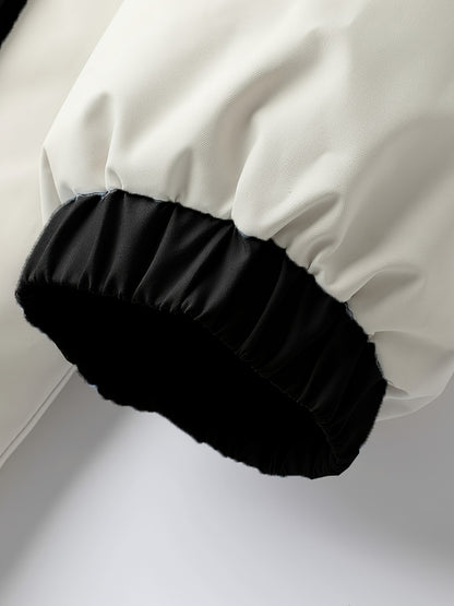 Տղամարդու երկկողմանի ձմեռային բաճկոն՝ հաստացված, կանգուն օձիքով, կայծակաճարմանդով և «MADEASURABLE» և «I CONUT» գրությամբ, սև և սպիտակ, սովորական չափսի՝ աշնանային և ձմռան համար, աշնանային վերնազգեստ, համարձակ գրություն, դիմացկուն գործվածք