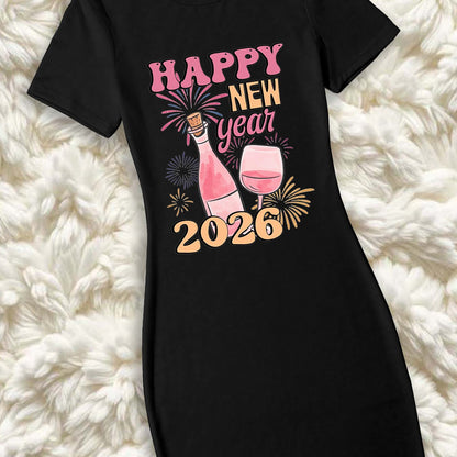 Women'S Elegant 2026 New Year Print Maxi Dress - Short Sleeve Round Neck Long Dress with Happy New Year 2026 Design, Vibrant Pink & Golden Sparklers & Confetti, Casual Party Outfit For Christmas, New Year'S Eve, Or Everyday W