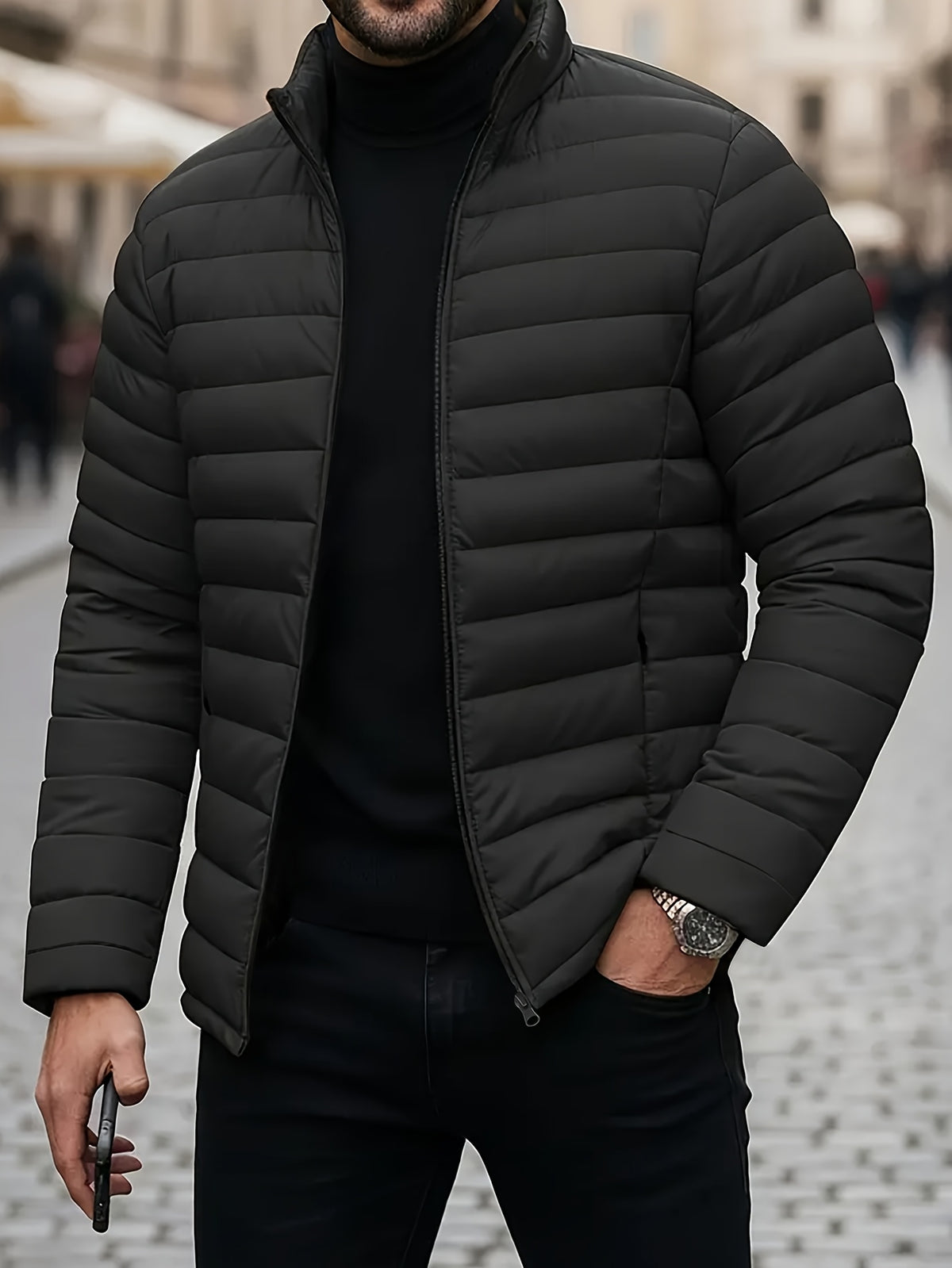 Men's Quilted Stand Collar Jacket for Autumn Winter