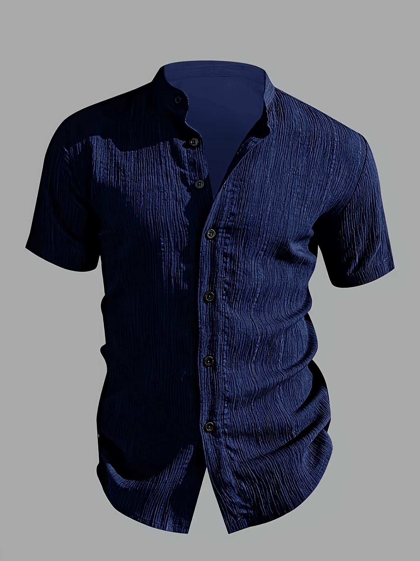 Men's Black Textured Stand Collar Short Sleeve Shirt