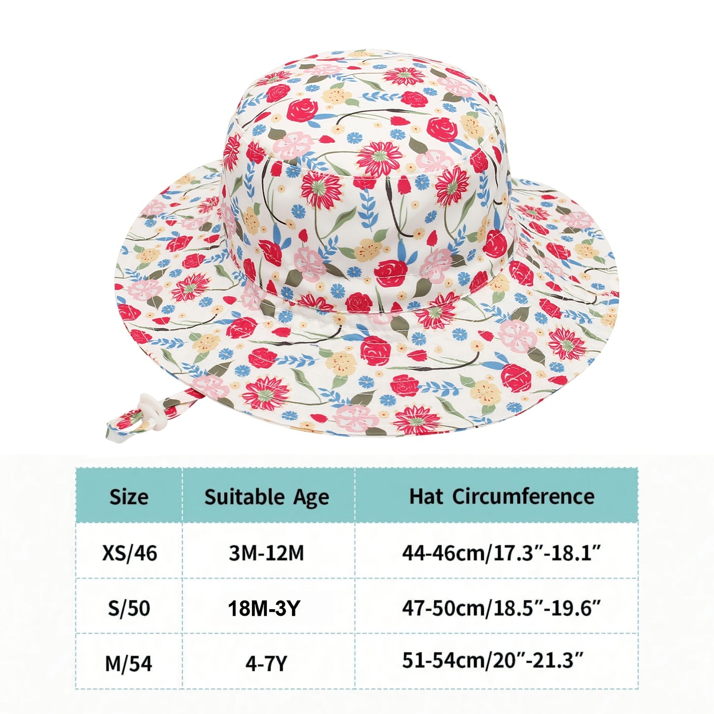 Girls' Floral Wide Brim Bucket Hats with Windproof Cord - 2pcs