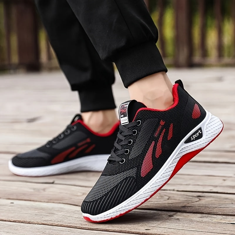 A Pair of Men's Casual Lace-up Sneakers - Suitable for All Seasons, Color-block Design in Black and Red, Low-top Running Shoes | Casual Slip-ons | Non-slip Sole Shoes - ayq