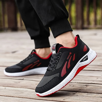 A Pair of Men's Casual Lace-up Sneakers - Suitable for All Seasons, Color-block Design in Black and Red, Low-top Running Shoes | Casual Slip-ons | Non-slip Sole Shoes - ayq