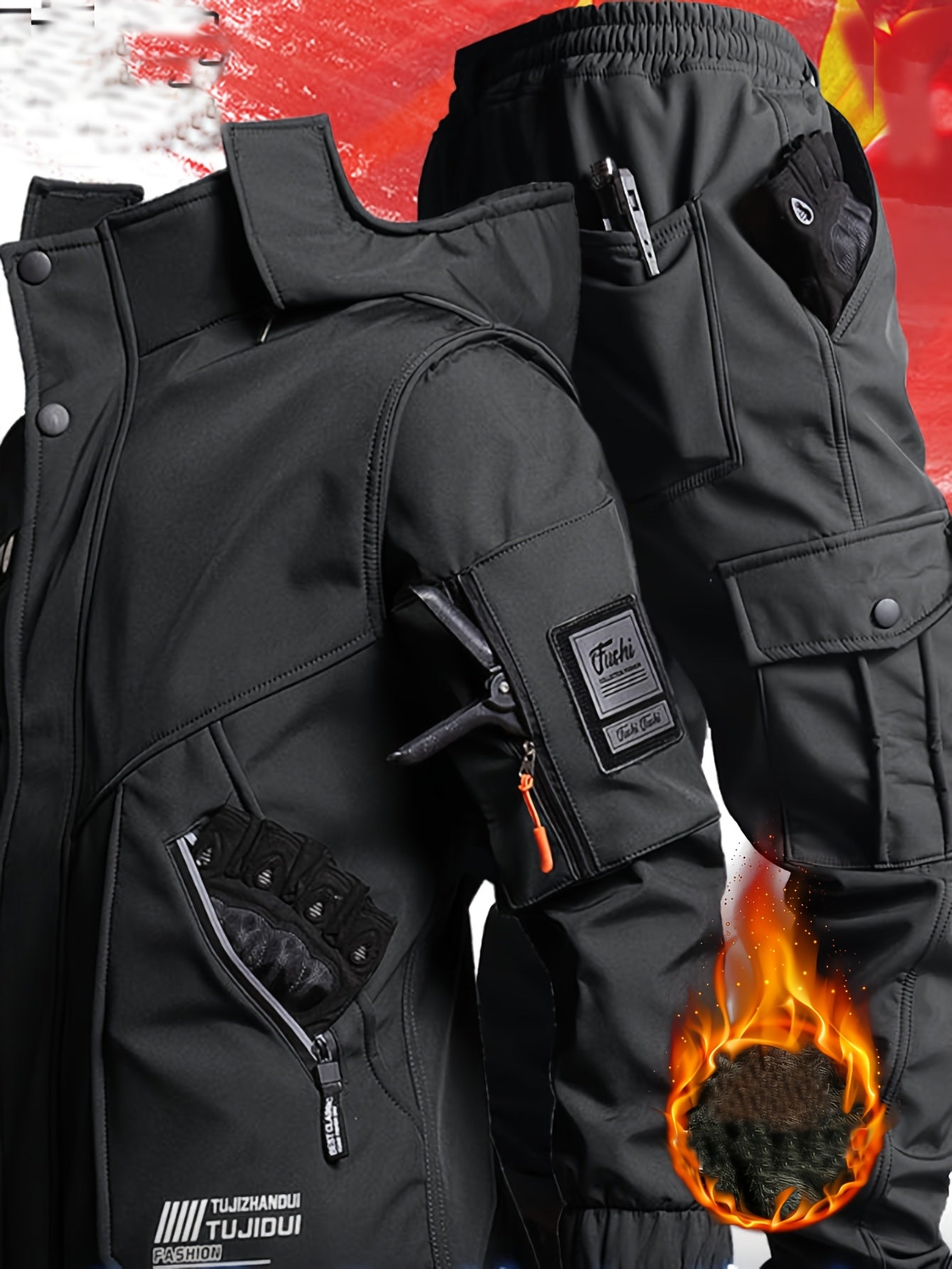 Men's Warm Fleece Casual Jacket and Pants Set for Winter