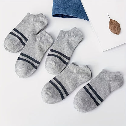 5pcs Men's Breathable Low-Cut Athletic Socks - Lightweight, Moisture-Wicking Striped Ankle Socks for Spring & Summer (White, Navy Blue, Black, Gray, Light Green)